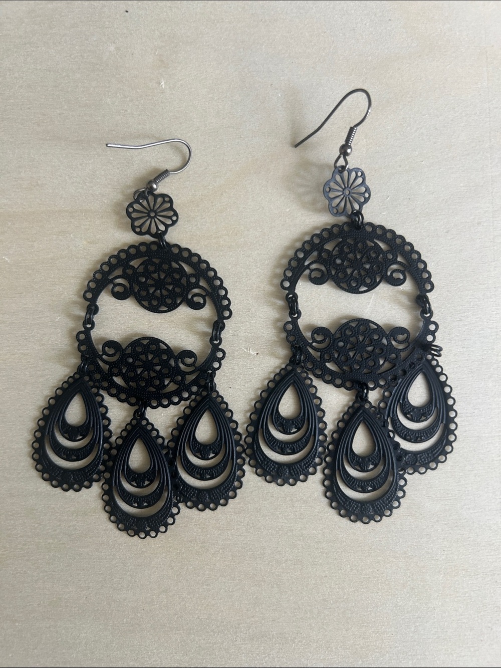 Stanley Black Filigree Teardrop Chandelier Earrings